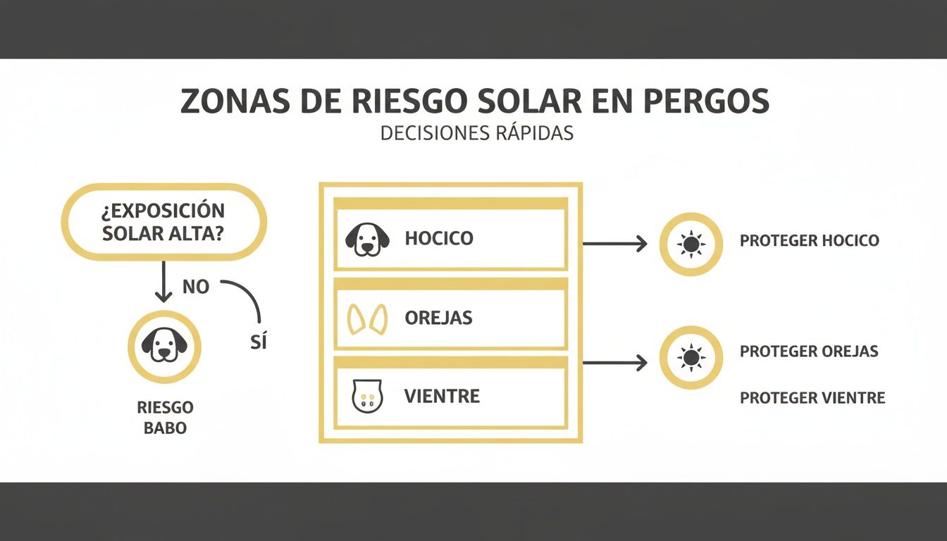 Infografía que explica las zonas de riesgo solar en perros y cómo proteger su hocico, orejas y vientre.