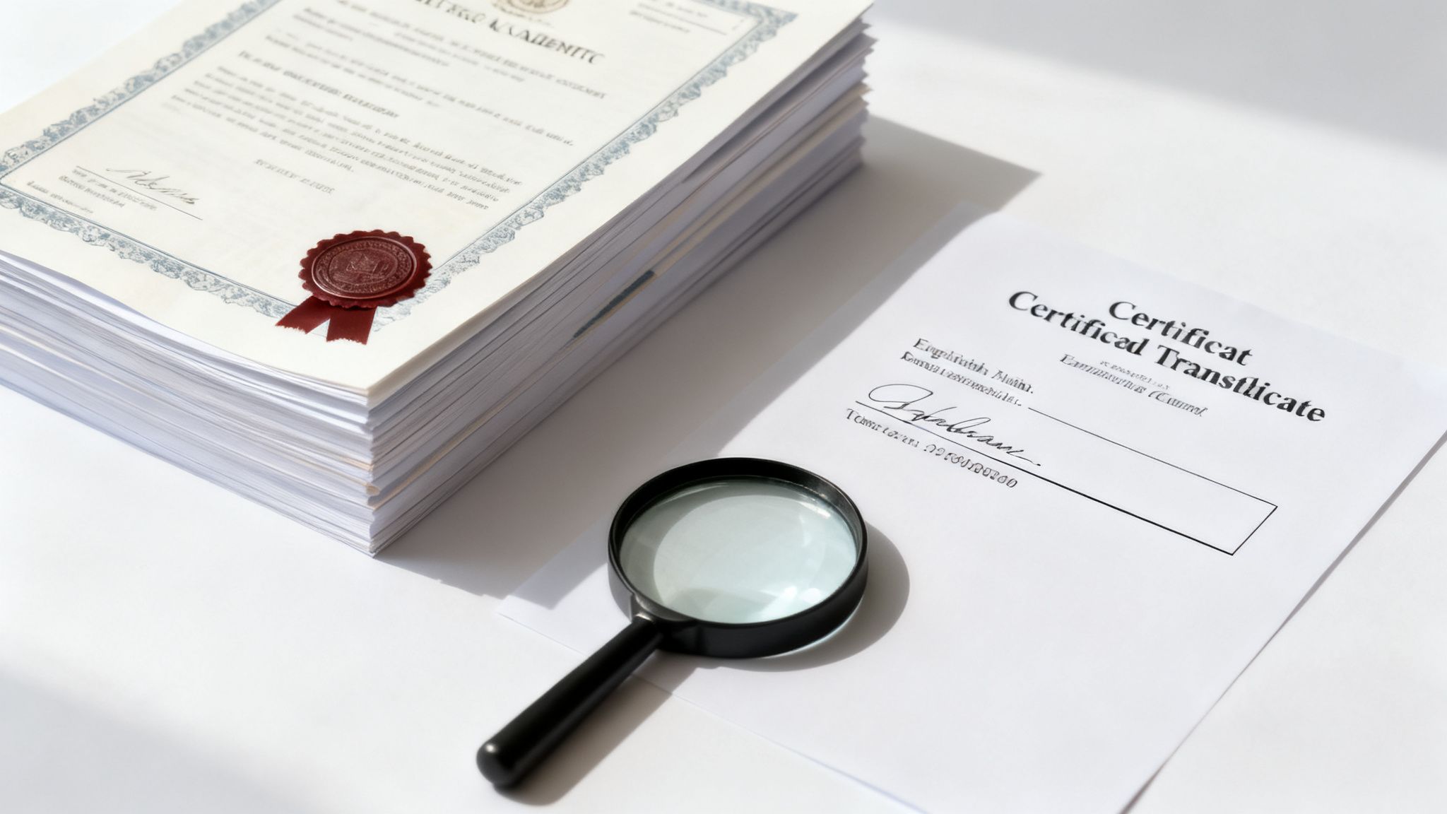 Stack of foreign transcripts with a wax seal, a magnifying glass, and an evaluation form.