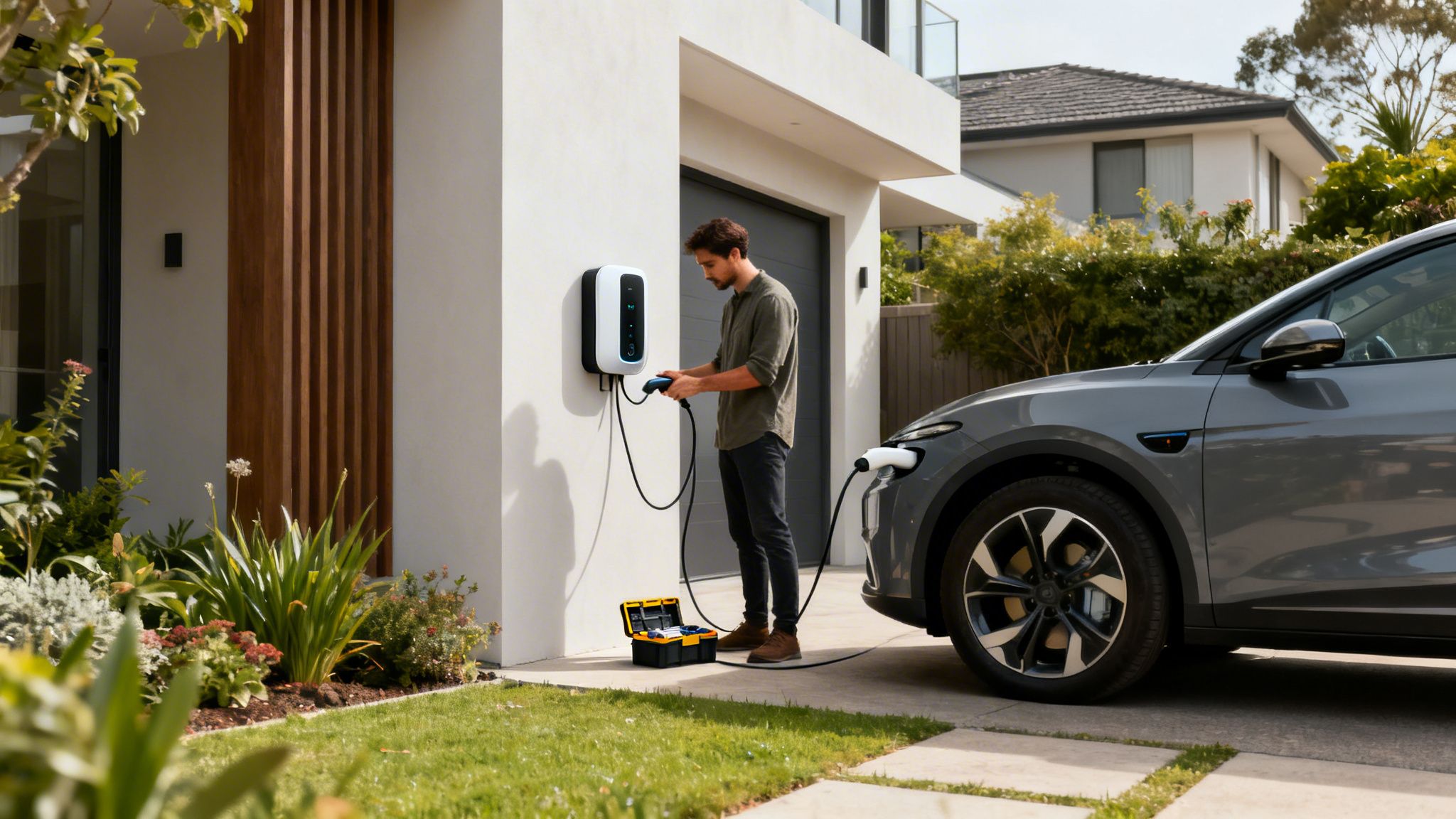 Un hombre instala un cargador de coche eléctrico en la pared exterior de su casa.