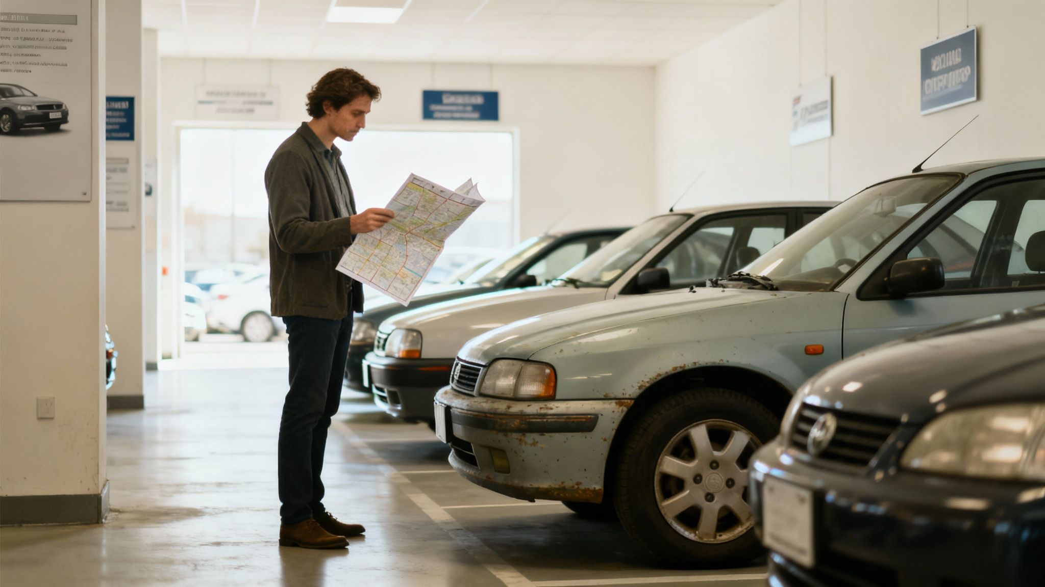 Hombre con mapa en un concesionario de coches de segunda mano, buscando su próximo vehículo.