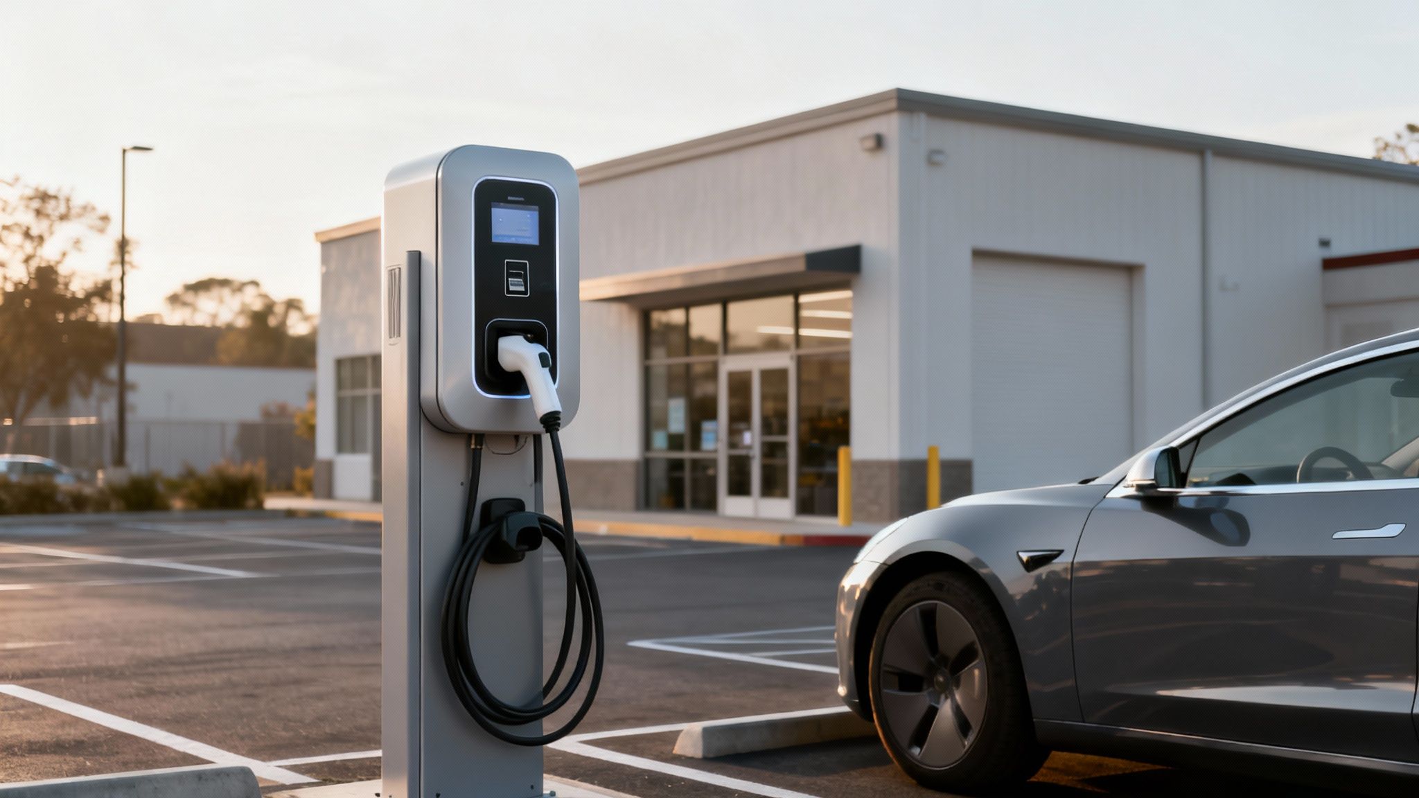 Coche eléctrico gris cargando en una estación de carga moderna al atardecer en un estacionamiento.