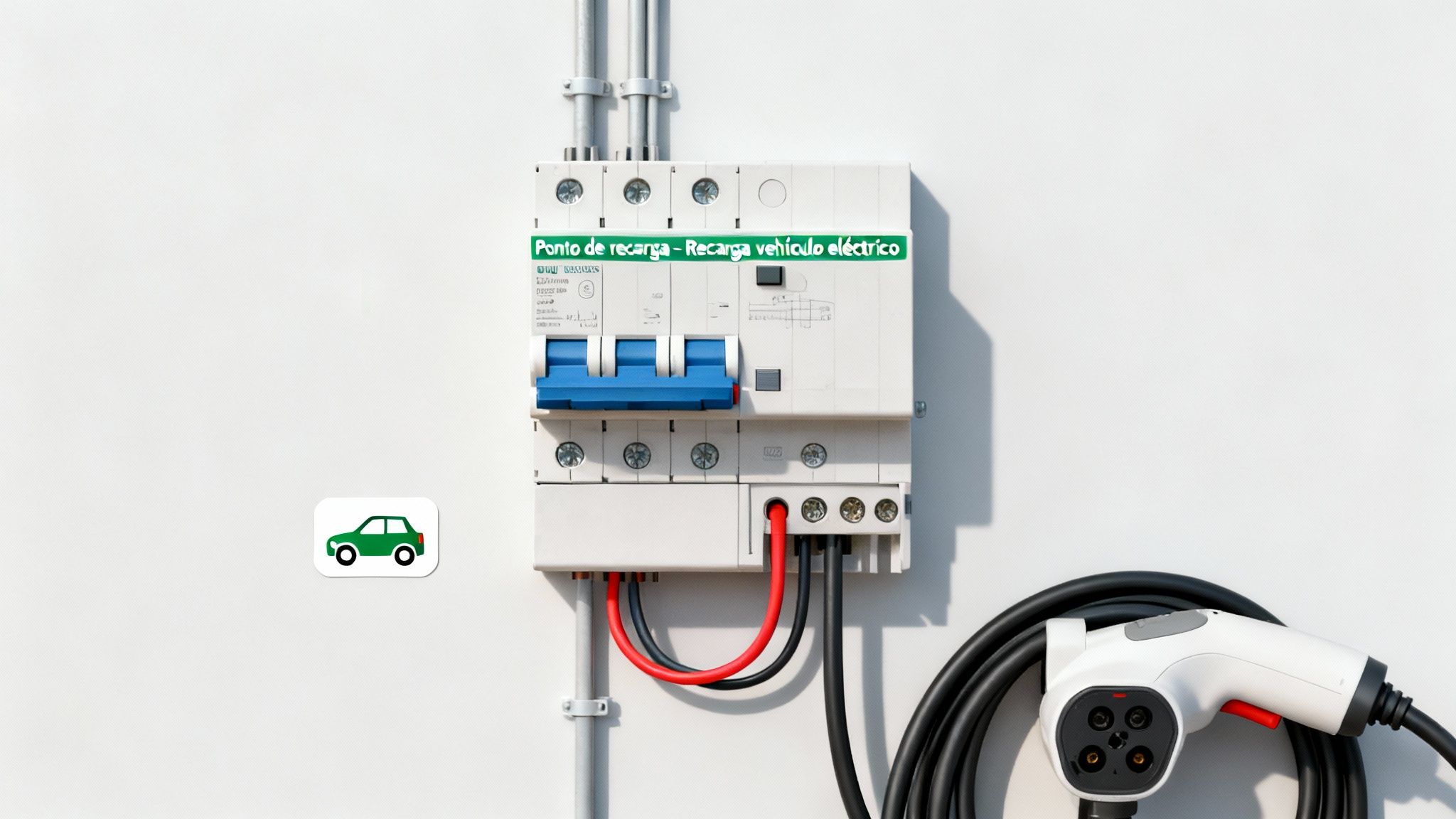Punto de recarga para vehículo eléctrico con cuadro eléctrico, disyuntor y conector de carga.