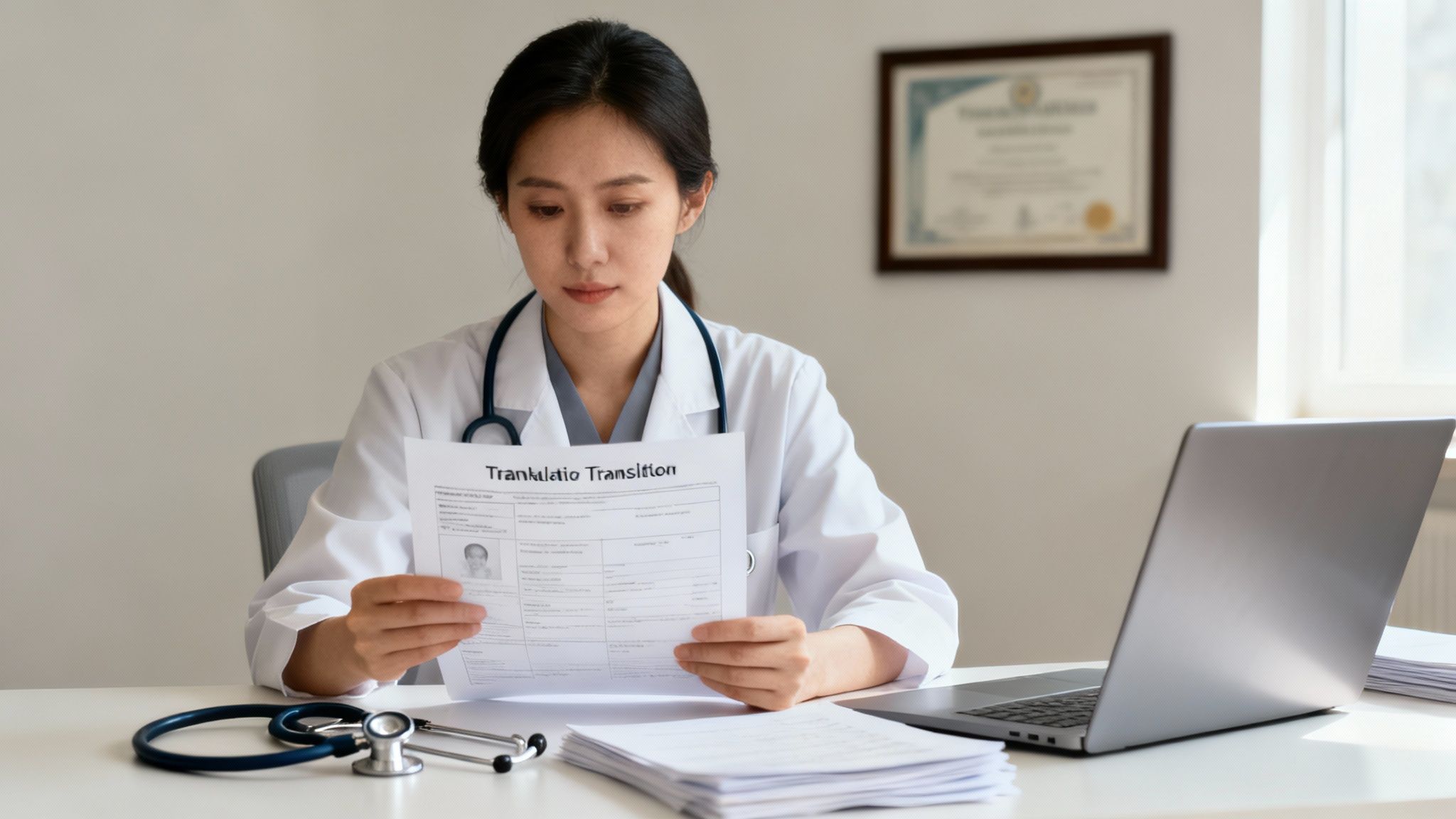 A young female doctor in a white coat and stethoscope reads a medical document at her desk.