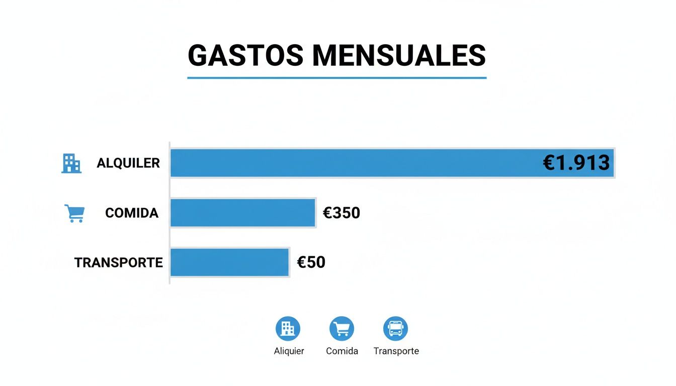 Gráfico de barras que muestra los gastos mensuales promedio en España: alquiler, comida y transporte.