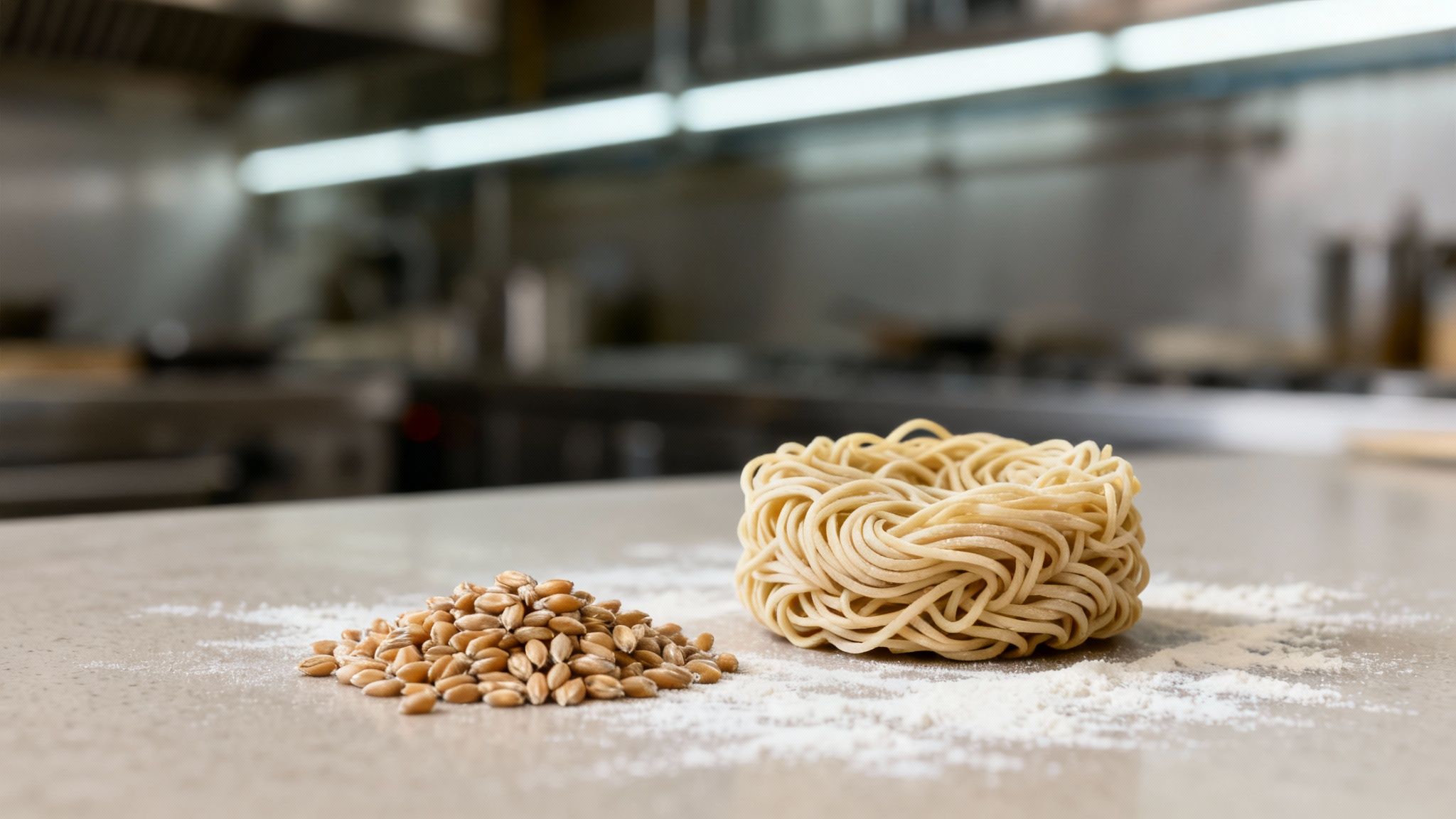 Granos de trigo, fideos crudos y harina esparcidos sobre una encimera de cocina.