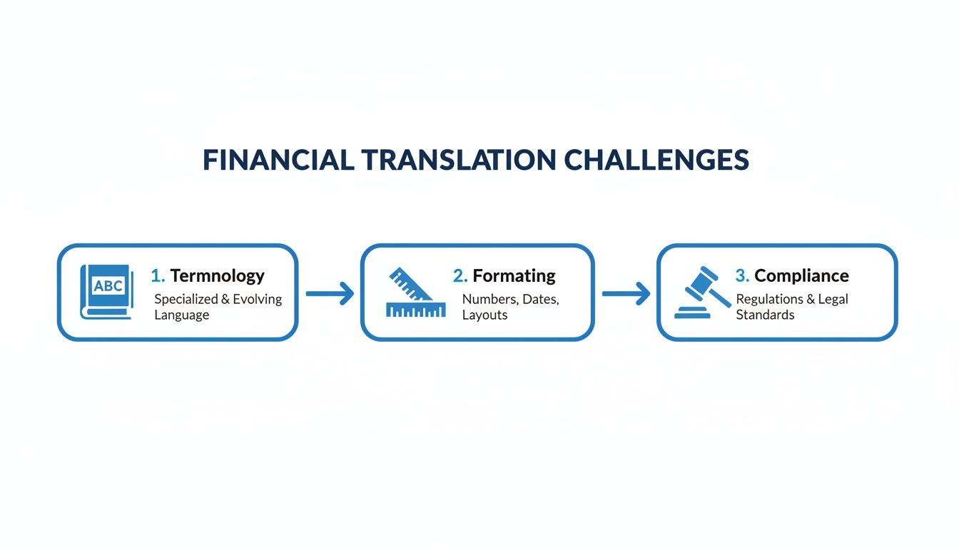 An infographic detailing the three main challenges in financial translation: terminology, formatting, and compliance.