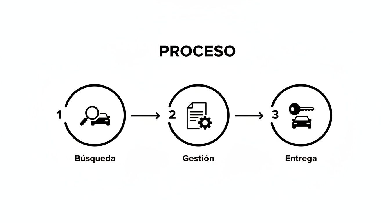 Diagrama del proceso de 3 pasos para la búsqueda, gestión y entrega de vehículos.