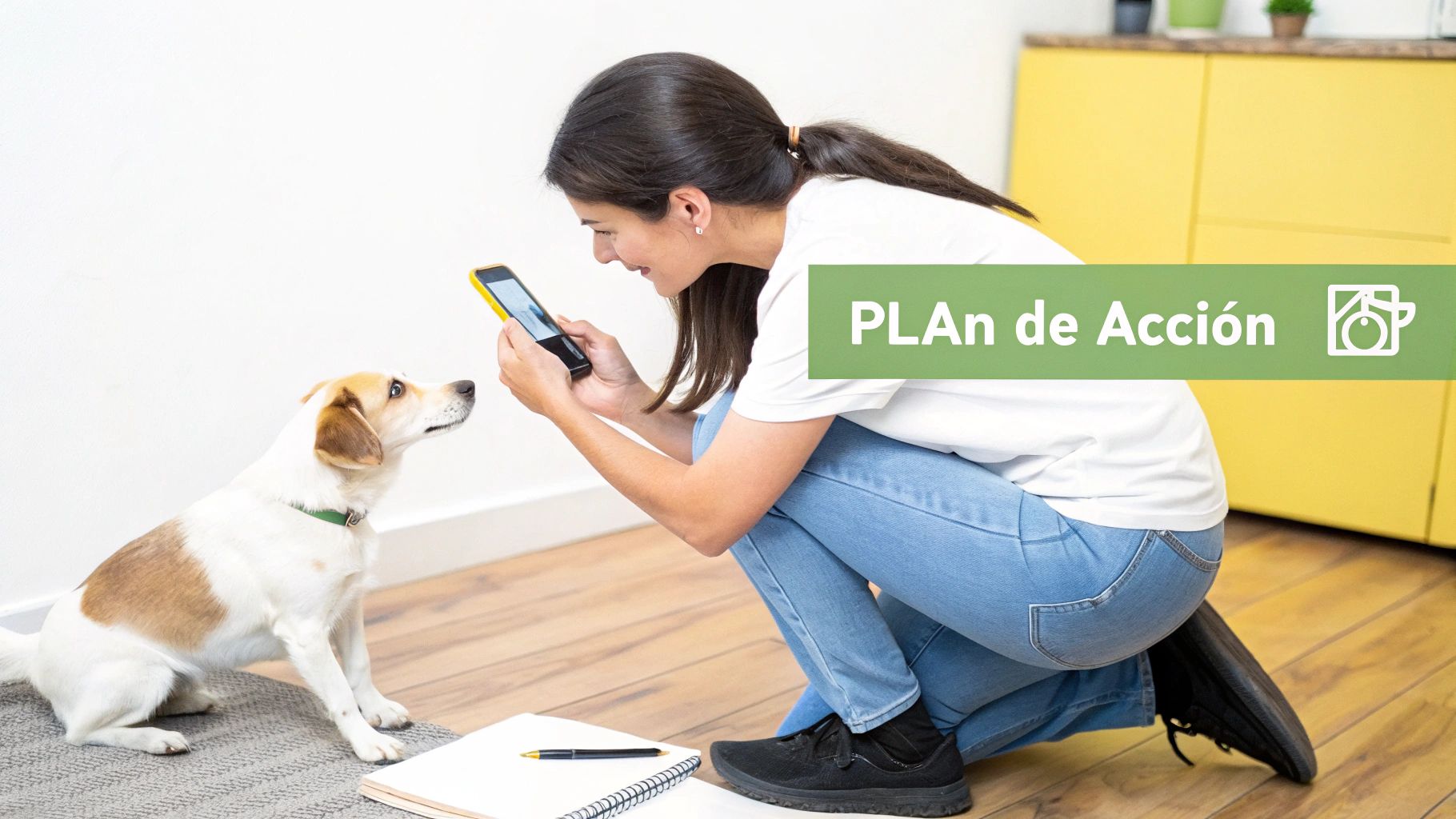 Una mujer sonriente agachada toma una foto de su perro atento con un teléfono móvil, un cuaderno en el suelo.