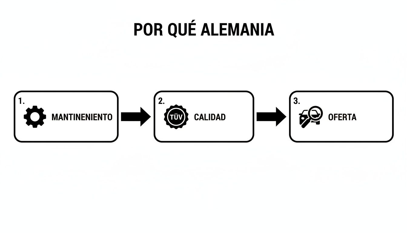 Diagrama que explica por qué Alemania es ideal para coches, destacando mantenimiento, calidad (TÜV) y oferta.