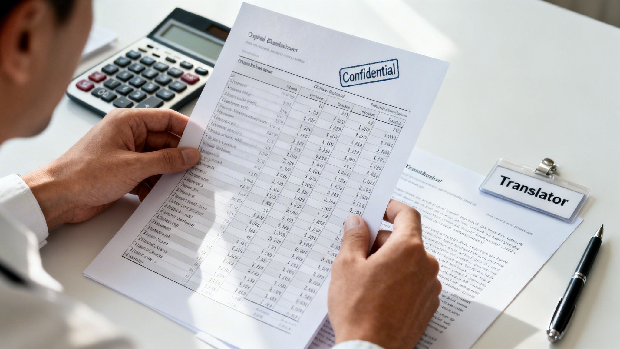 Hands holding a confidential financial document with a calculator and a translator badge on a desk.