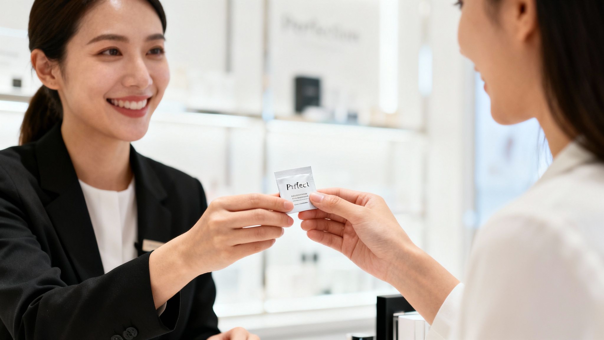 Empleada sonriente en blazer negro entregando una pequeña muestra de producto a una clienta en tienda.