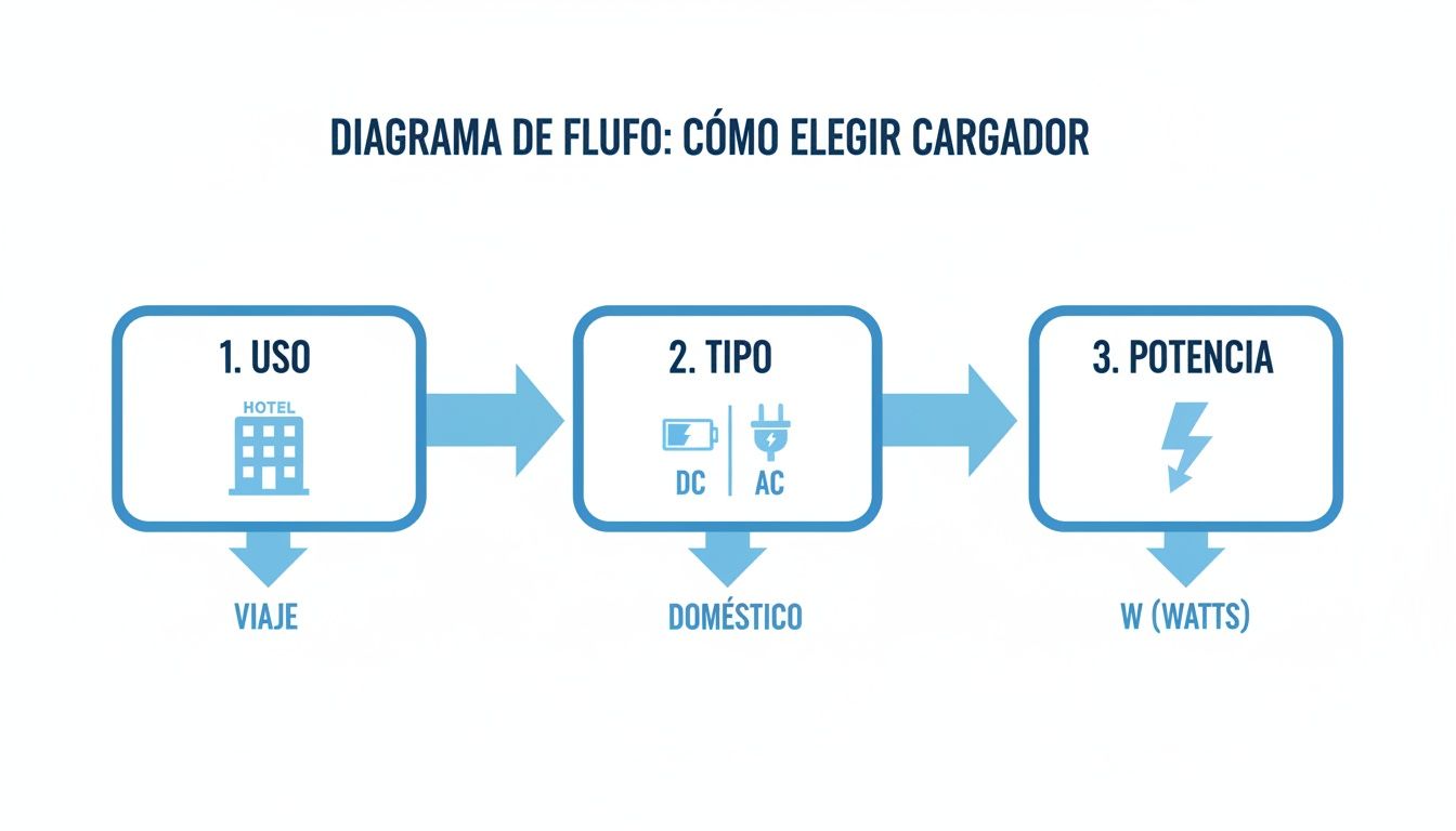 Diagrama de flujo sobre cómo elegir un cargador, incluyendo uso (viaje), tipo (DC/AC) y potencia (watts).