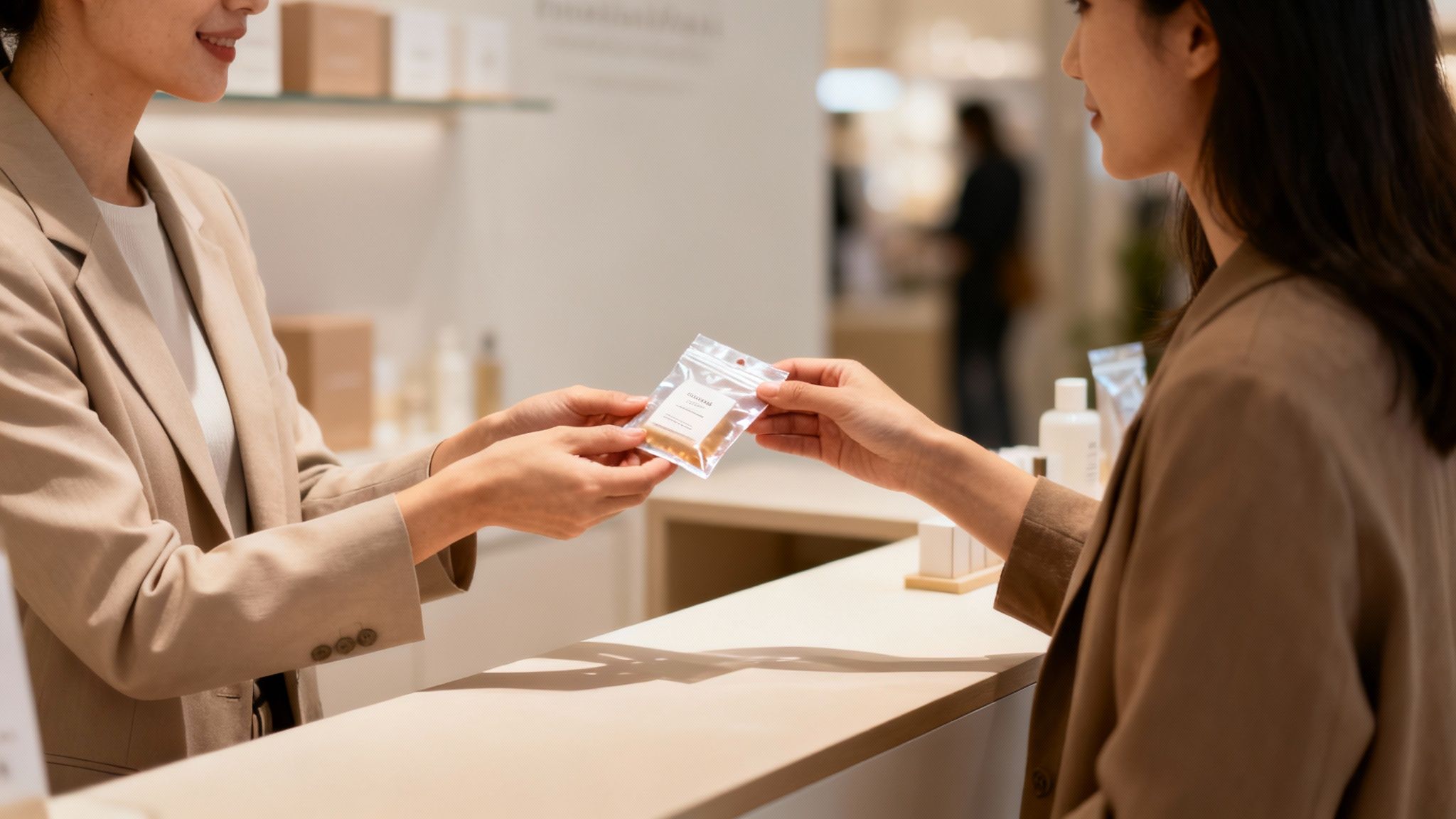 Una empleada sonriente entrega una pequeña muestra de producto a una clienta en un mostrador.