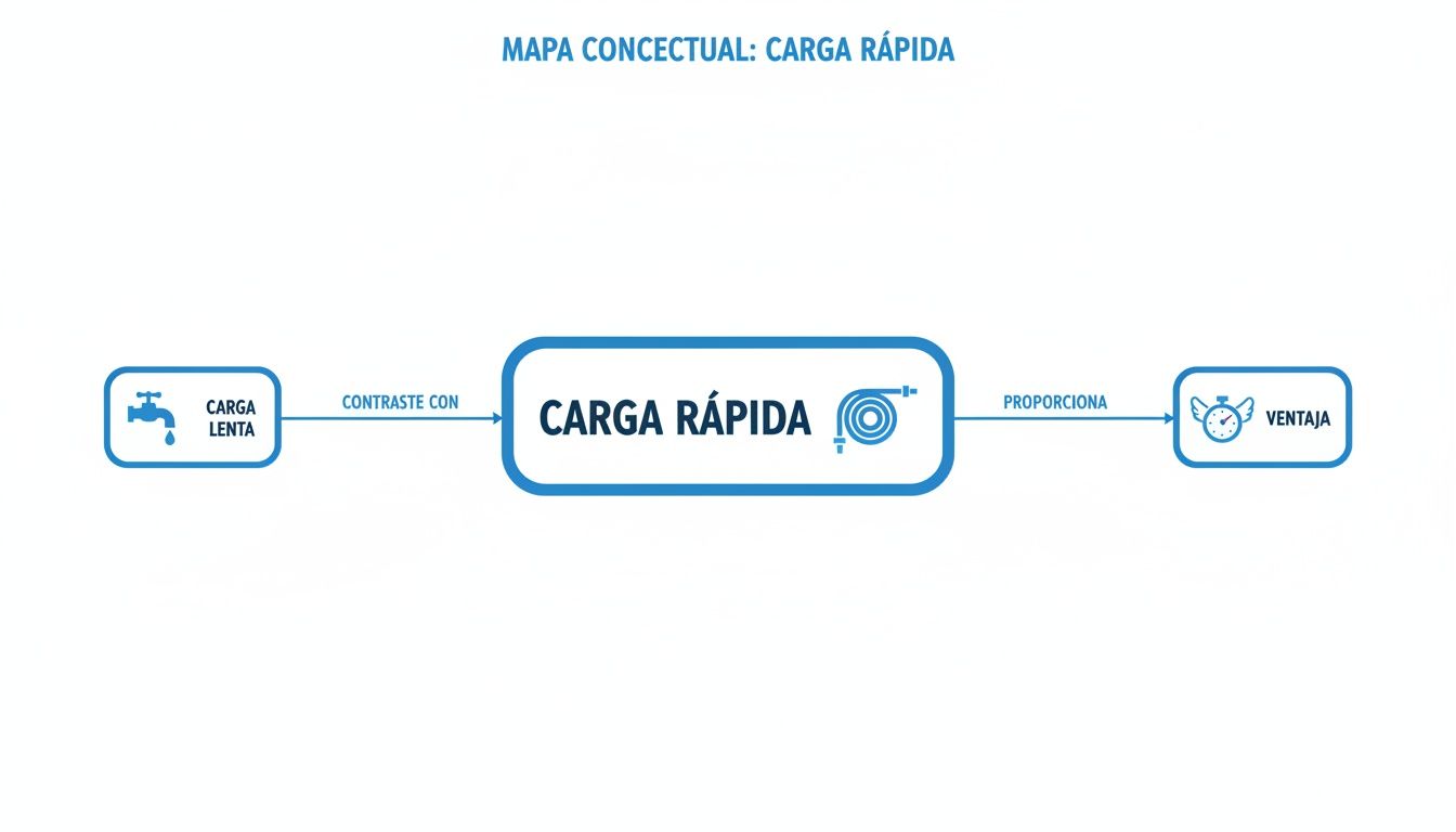 Mapa conceptual que contrasta la carga lenta con la carga rápida y destaca sus ventajas de tiempo.