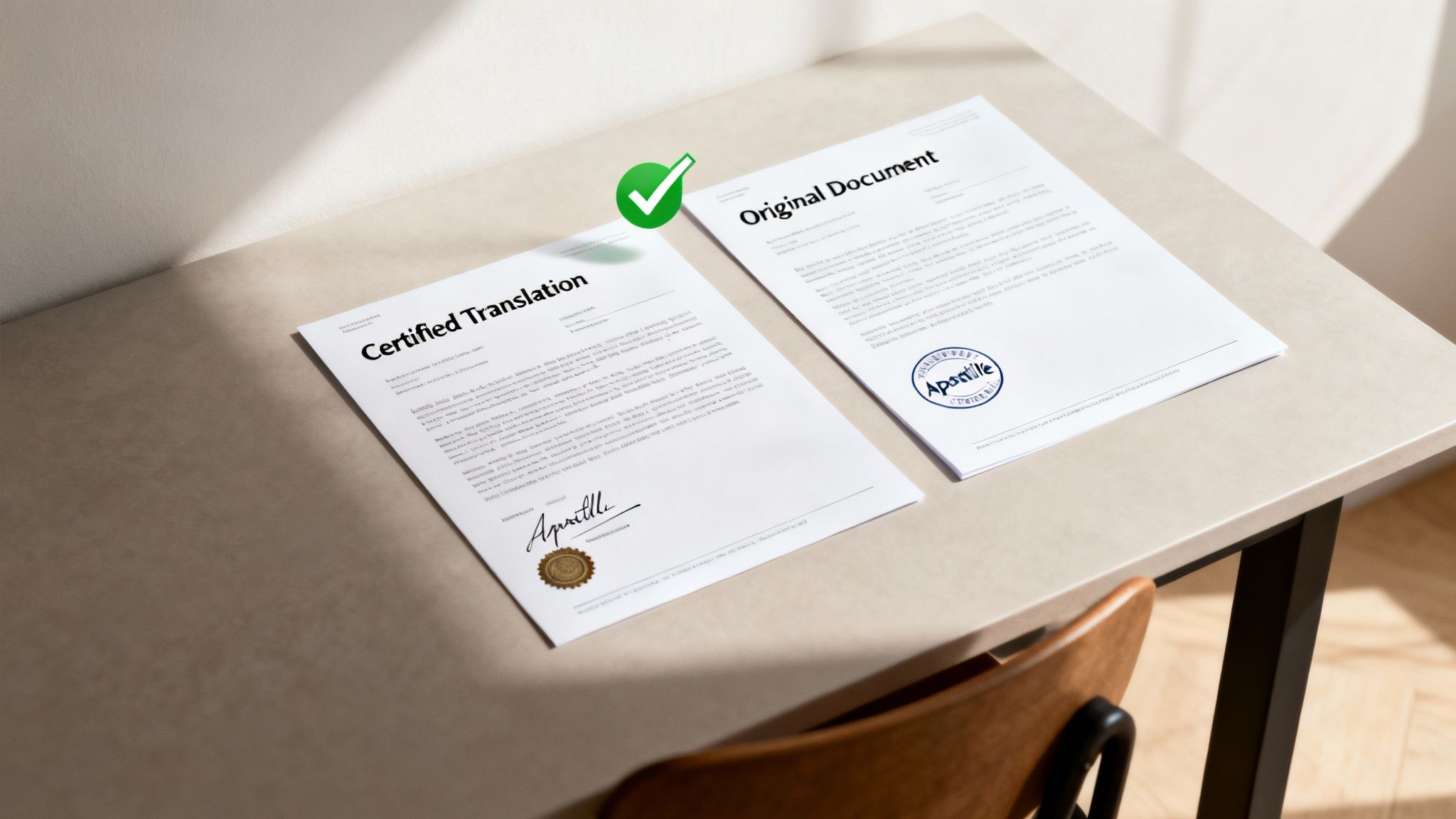 Certified translation and original document with an apostille stamp on a light desk, showing completion.