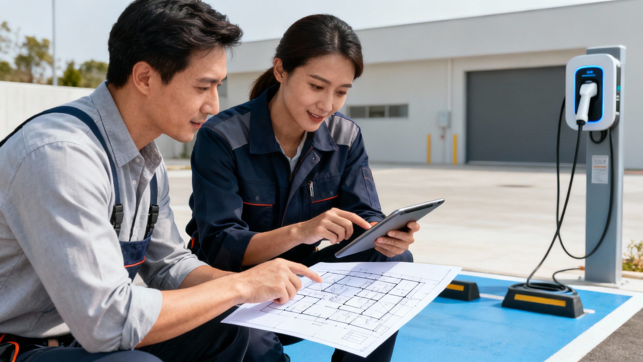 Dos ingenieros revisan planos y una tableta junto a un cargador de vehículos eléctricos.