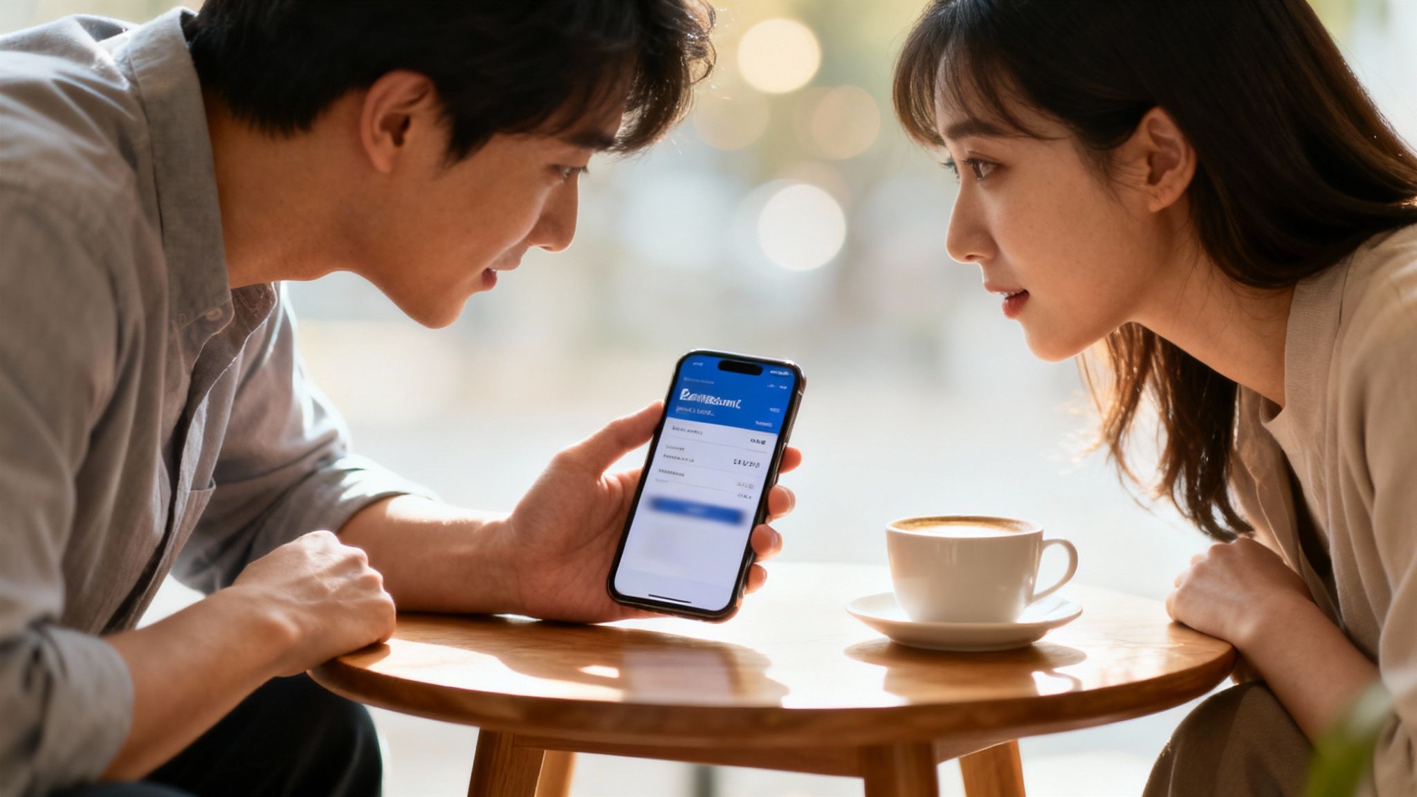 Una pareja joven mira atentamente un teléfono móvil en una mesa de café, posiblemente consultando banca.