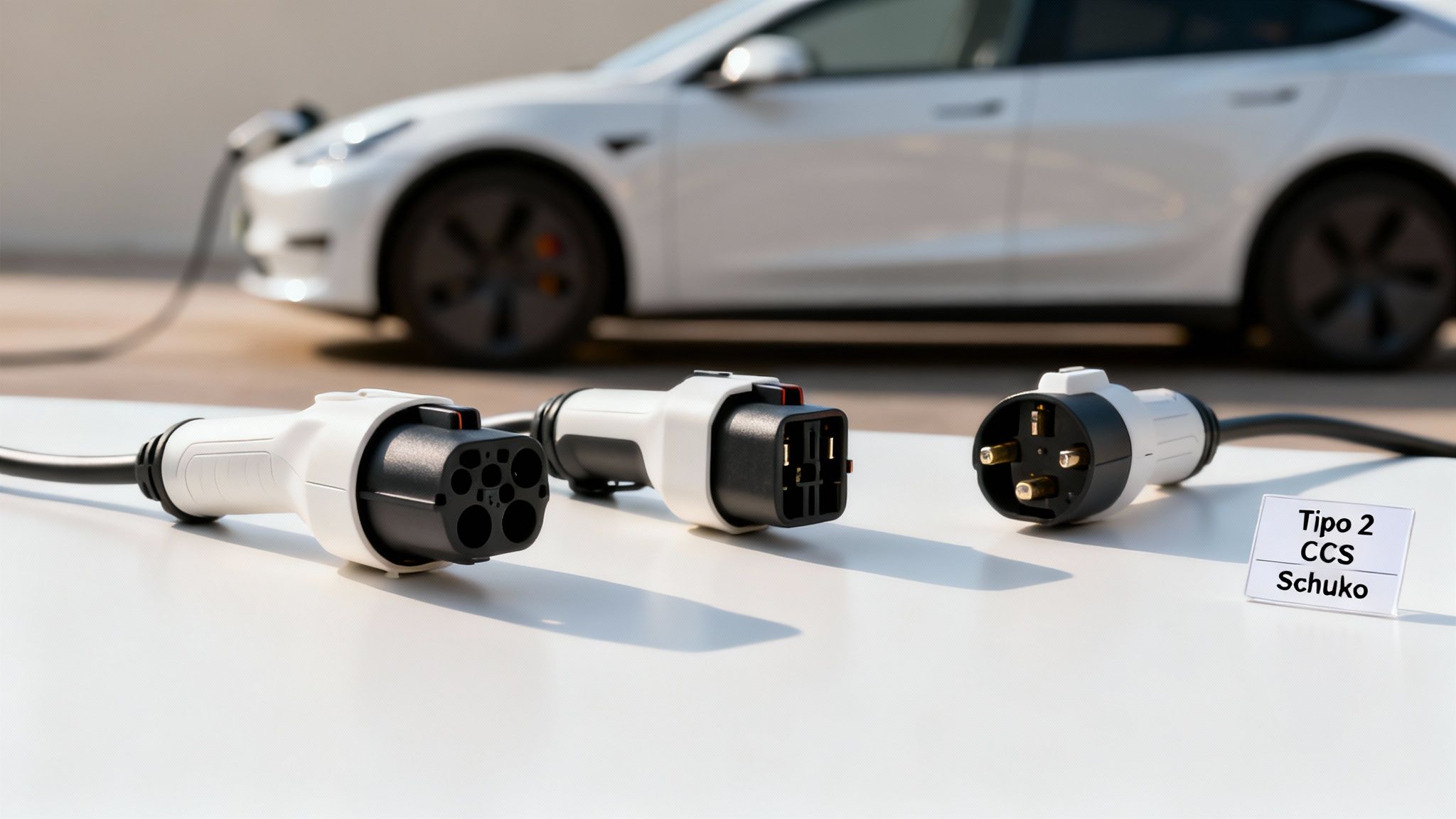 Una persona conectando un enchufe de coche eléctrico a un vehículo blanco en un punto de recarga público.