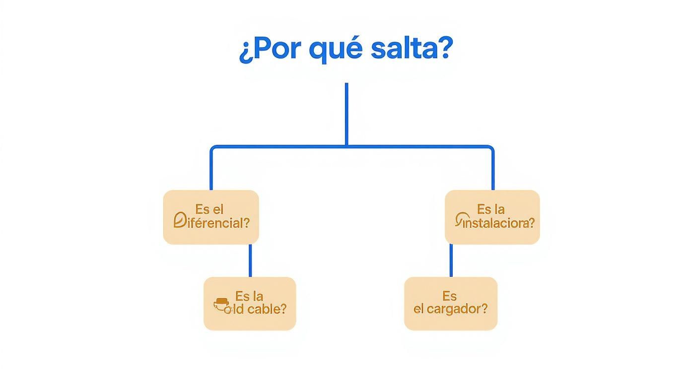 Diagrama de flujo que pregunta '¿Por qué salta?'. Explora causas como el diferencial, cable, instalación o cargador.