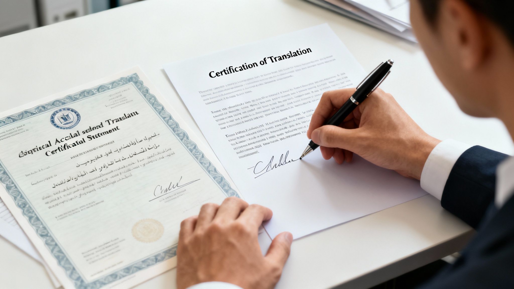 A professional's hands signing a 'Certification of Translation' document on a white desk.