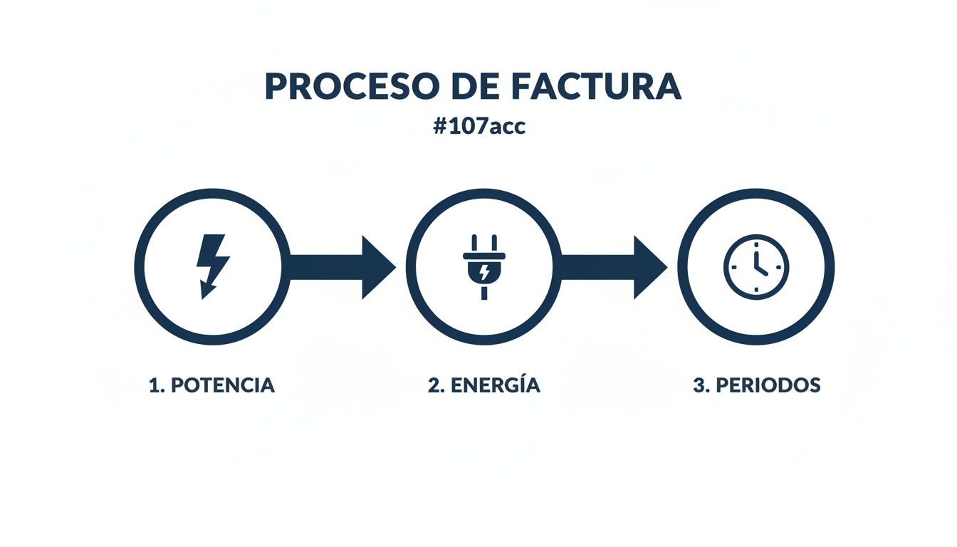 Diagrama del proceso de factura de energía, mostrando potencia, energía y períodos como pasos clave.