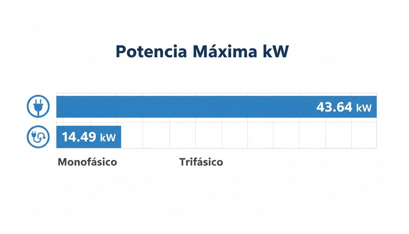 Gráfico de barras comparando la potencia máxima en kW: 14.49 kW para monofásico y 43.64 kW para trifásico.