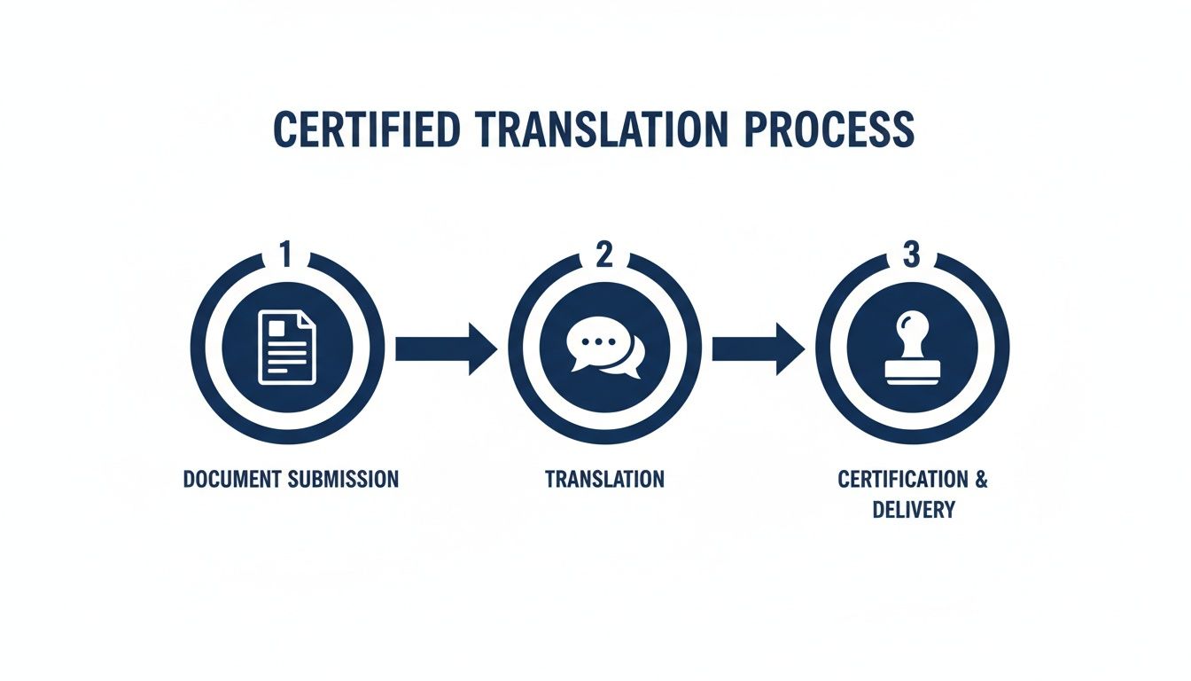 An infographic detailing the three-step certified translation process: document submission, translation, and certification.