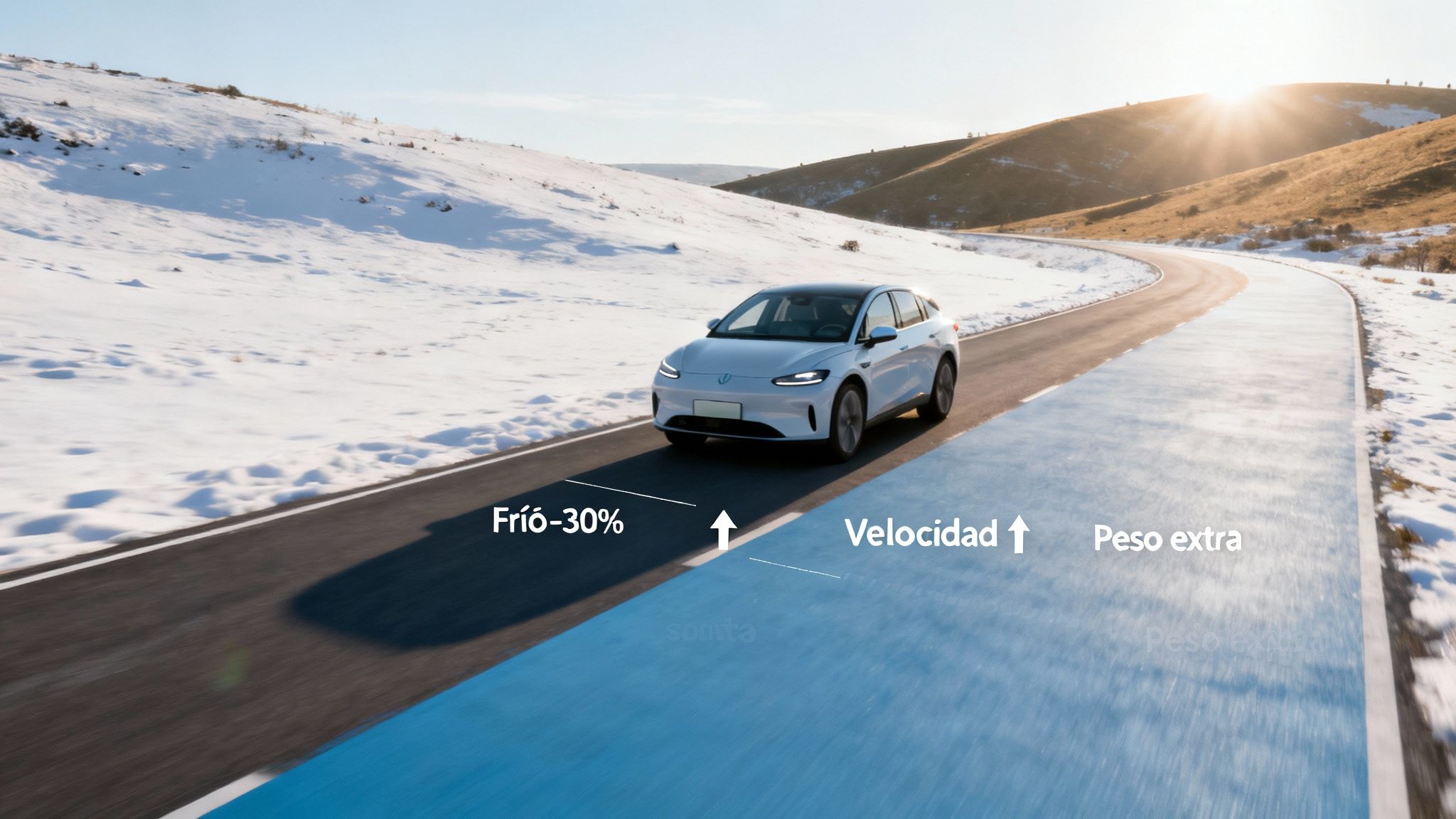 Coche eléctrico blanco en carretera nevada, destacando el impacto de frío, velocidad y peso en la autonomía.