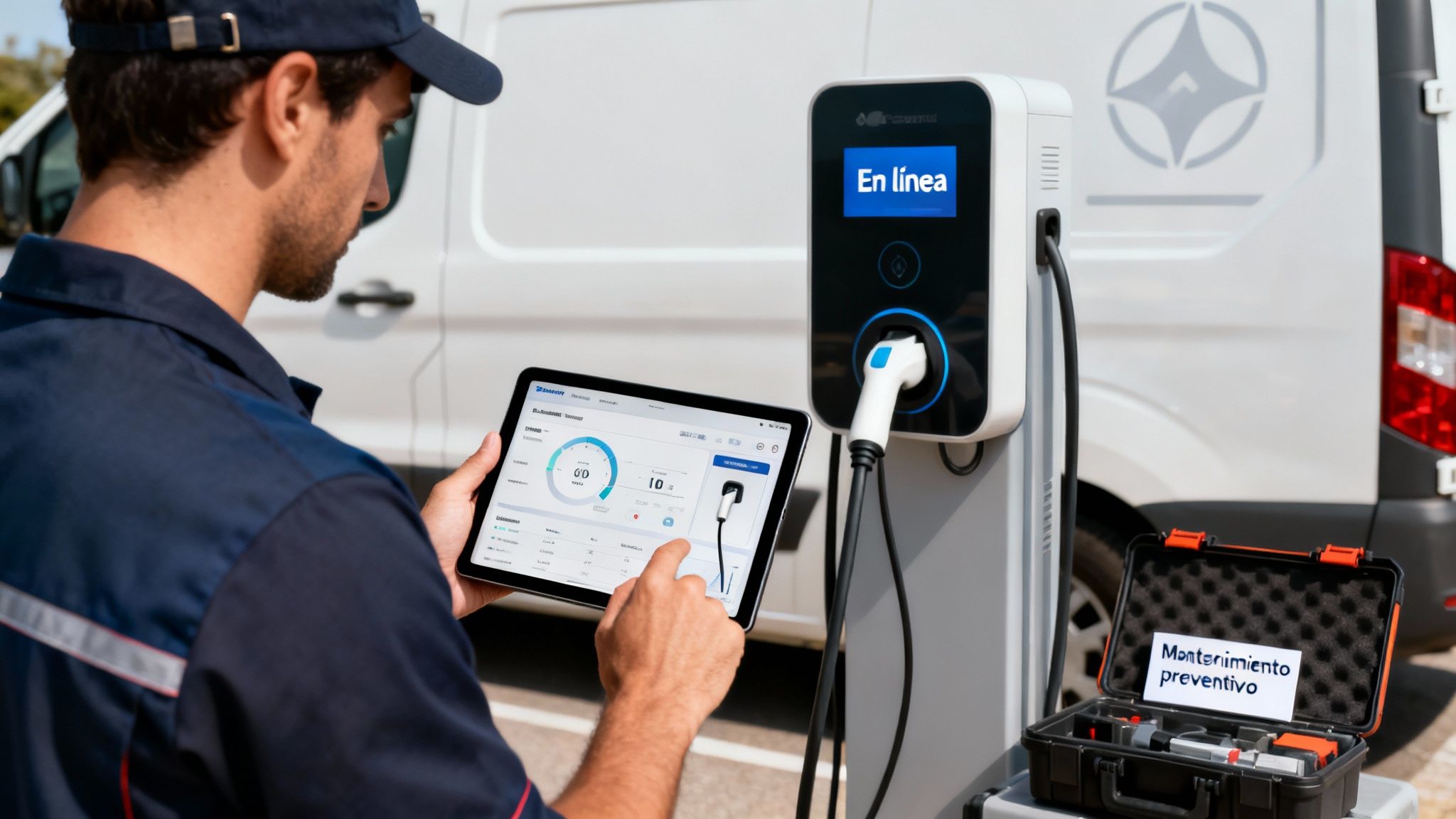 Técnico supervisa estación de carga de vehículos eléctricos con una tablet, asegurando mantenimiento preventivo.