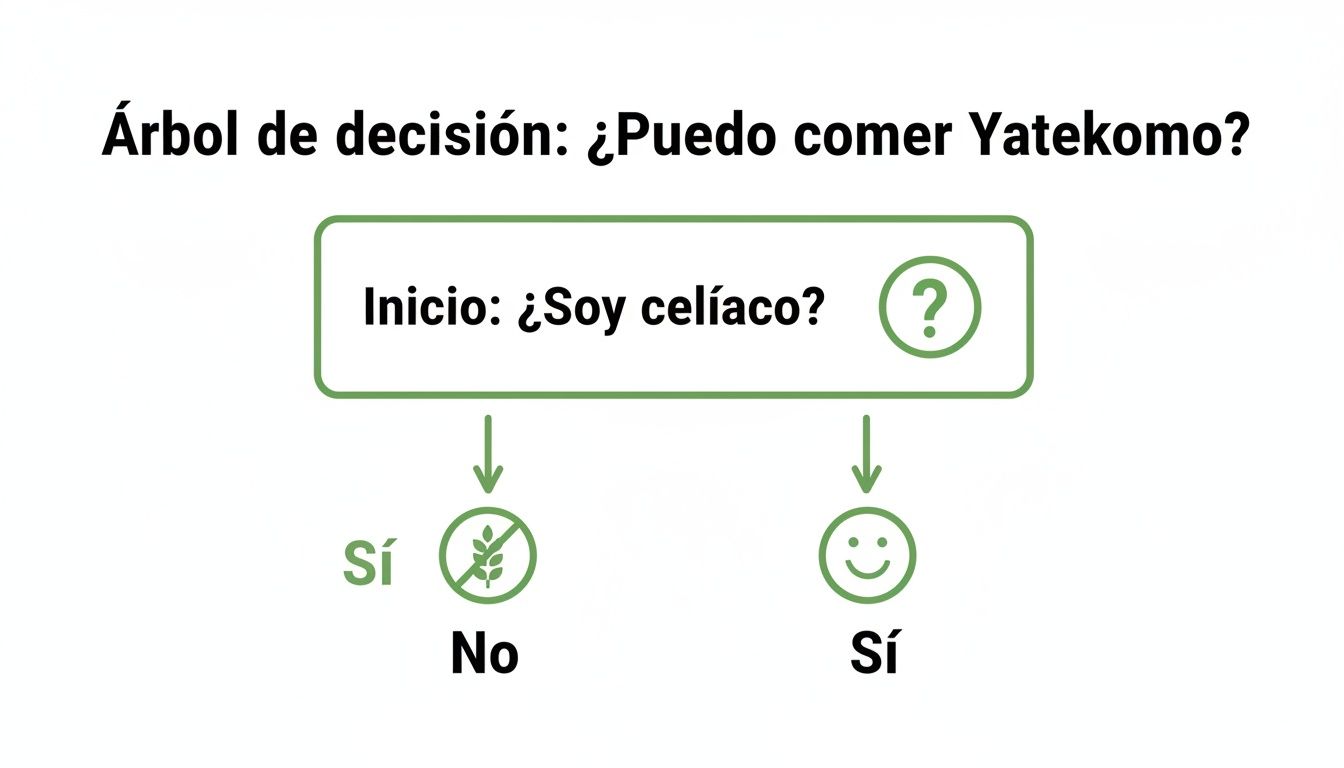 Árbol de decisión sobre si las personas celíacas pueden comer Yatekomo, indicando que no.