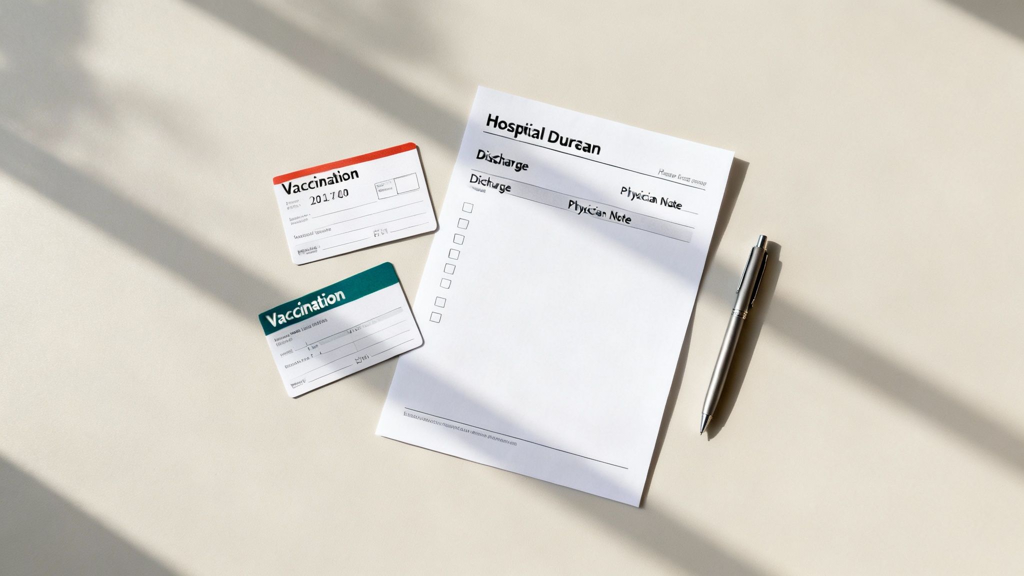 Flat lay of hospital discharge papers, two vaccination cards, and a pen on a light desk.