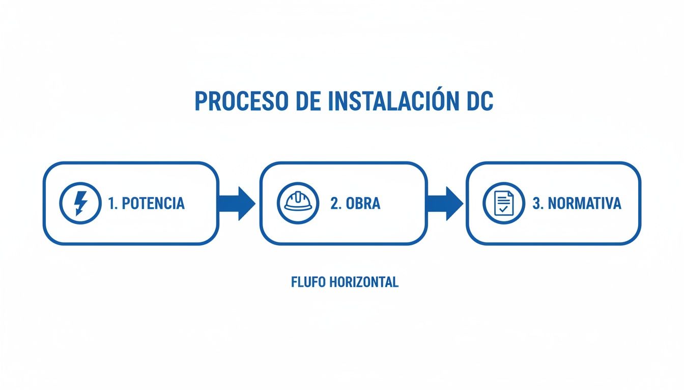 Diagrama de flujo horizontal que ilustra el proceso de instalación DC: potencia, obra y normativa.