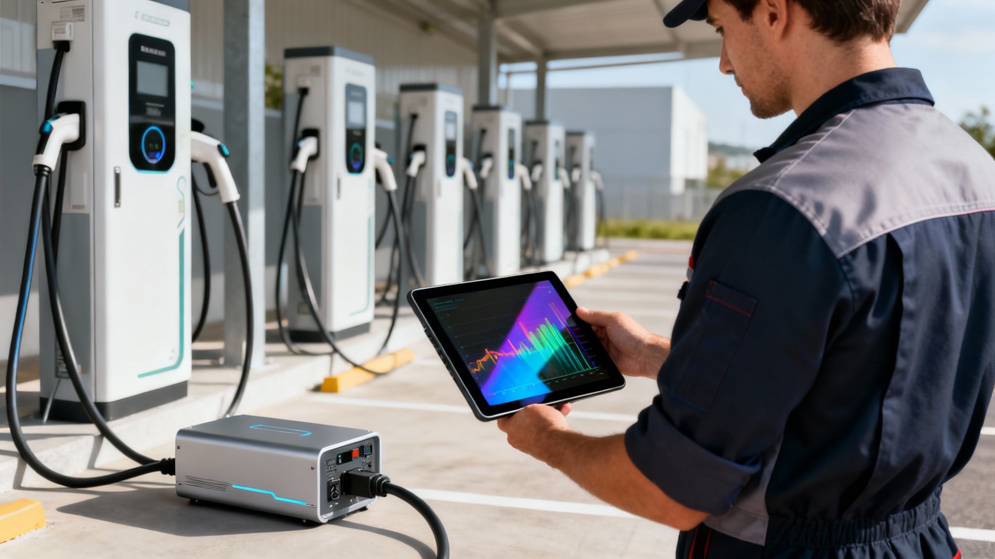 Un técnico revisa el rendimiento de estaciones de carga para vehículos eléctricos con una tableta.