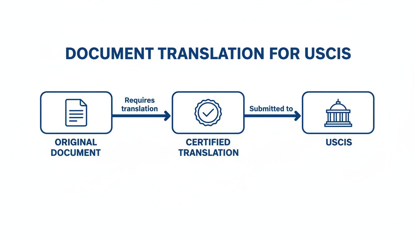 Flowchart showing original document requiring certified translation before submission to USCIS.