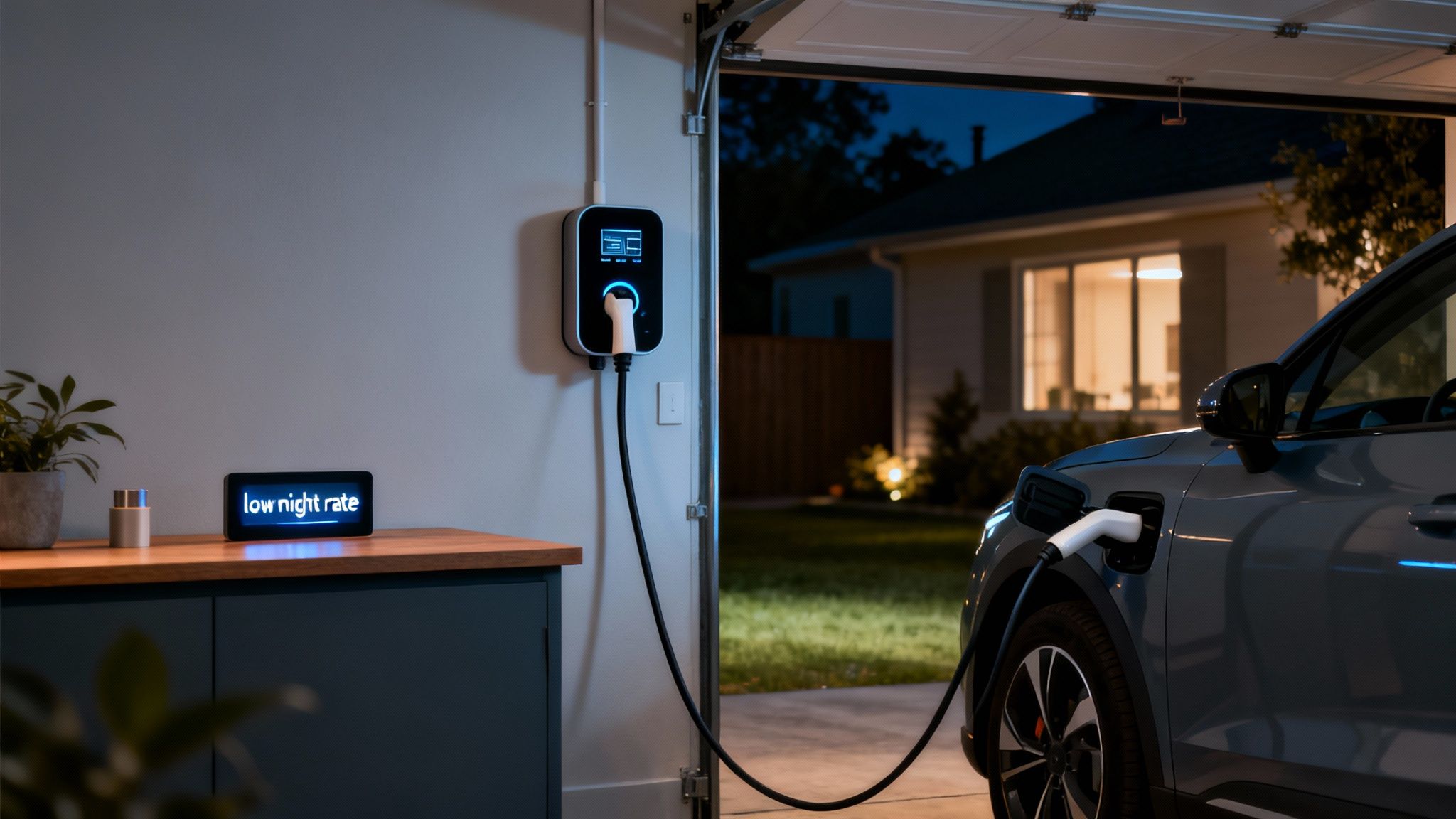 Un coche eléctrico azul oscuro se carga en un garaje por la noche, con un cargador de pared y una pantalla que muestra "tarifa nocturna baja".