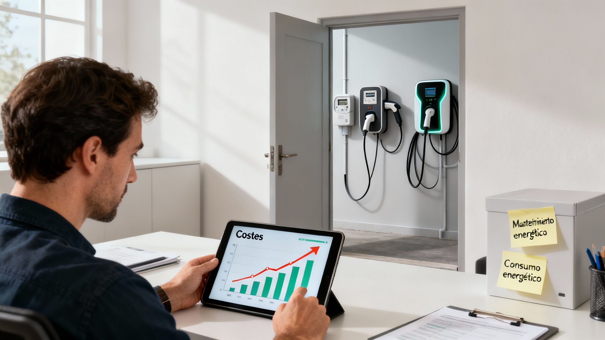 Hombre analizando costes energéticos en una tablet, con estaciones de carga de vehículos eléctricos al fondo.