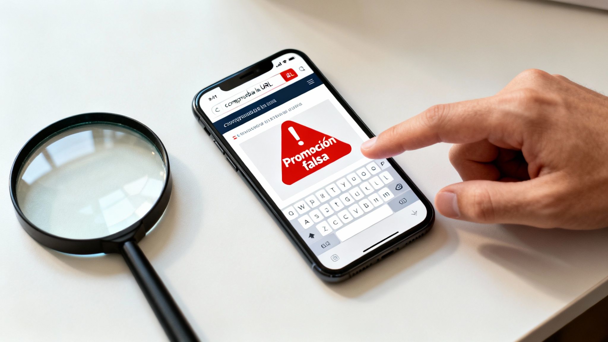 Mano revisando un smartphone con una alerta de "Promoción falsa" y una lupa cerca.