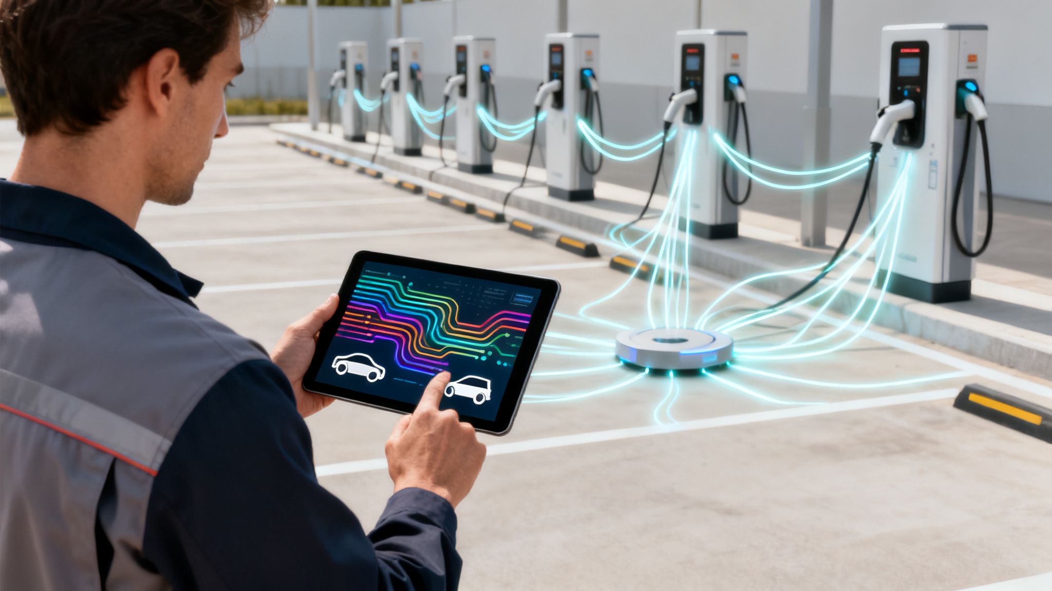 Un hombre usa una tablet para controlar una estación de carga rápida de vehículos eléctricos con cables luminosos.