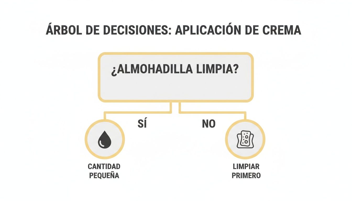Diagrama de decisiones para aplicar crema: ¿Almohadilla limpia? Si sí, aplicar poca cantidad; si no, limpiar primero.