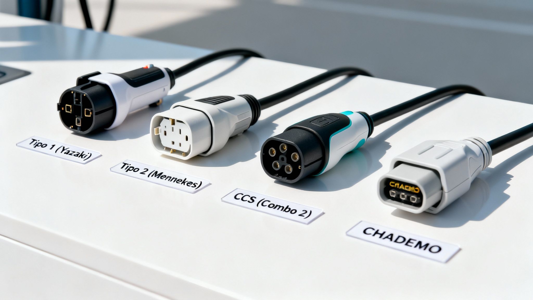 Cuatro tipos de conectores de carga para vehículos eléctricos: Tipo 1 (Yazaki), Tipo 2 (Mennekes), CCS y CHADEMO.