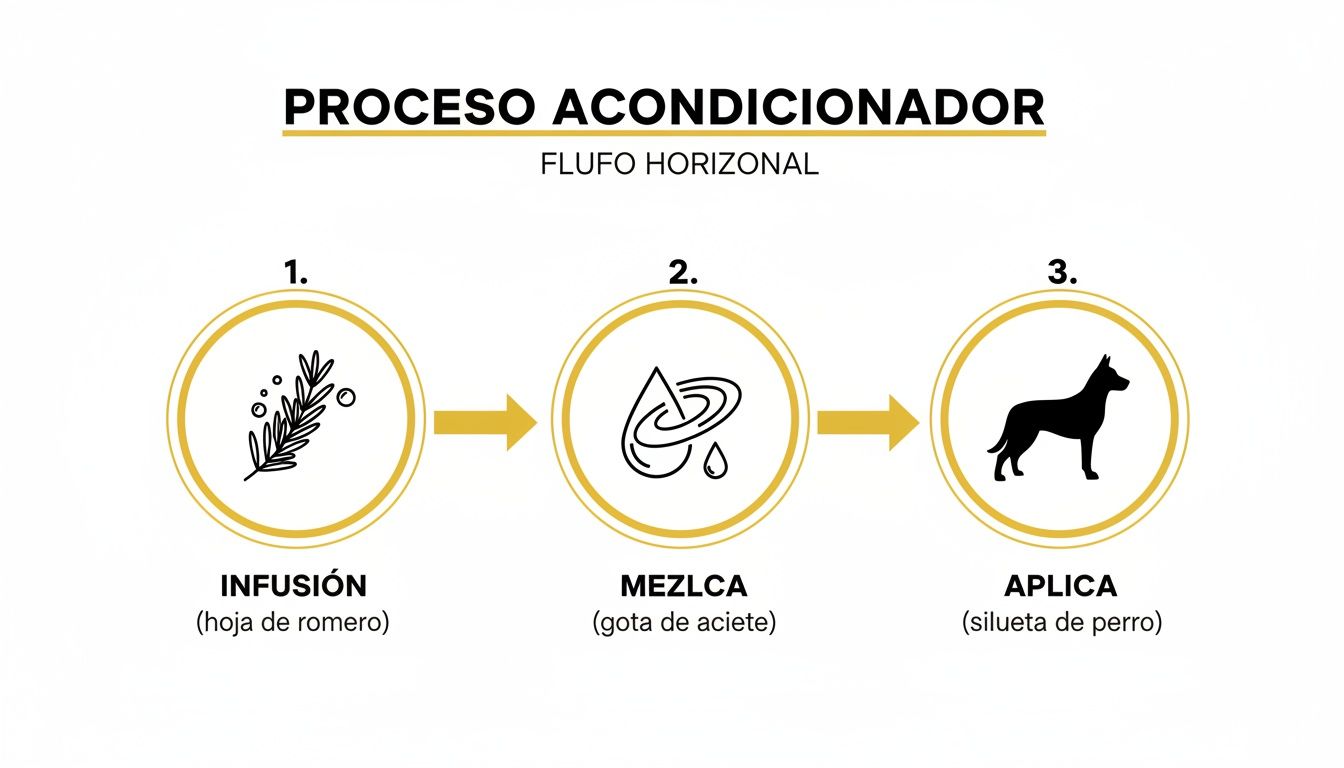 Diagrama de tres pasos para un proceso de acondicionador casero para perros: infusión de romero, mezcla de aceite y aplicación.