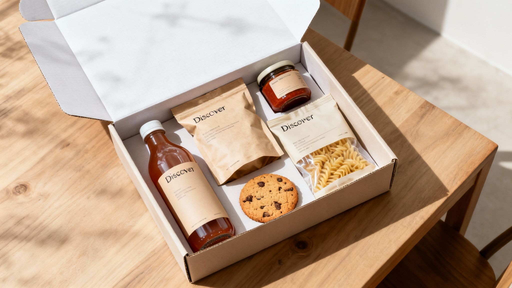 Caja de cartón abierta con una selección de productos alimenticios de la marca Discover, incluyendo bebida, pasta y galleta.