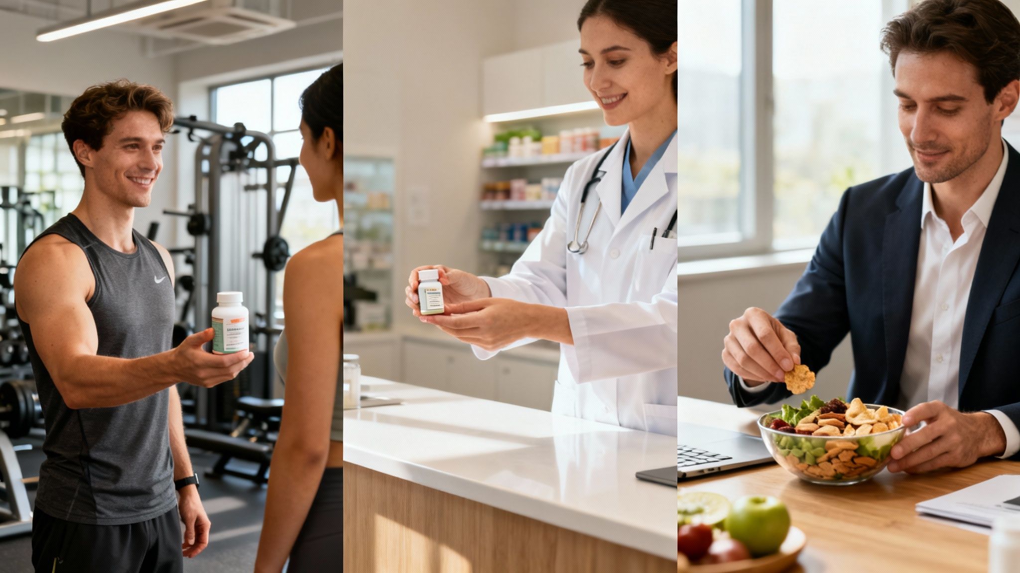 Tres escenas de personas interactuando con productos de salud: hombre en gimnasio, doctora en farmacia y ejecutivo comiendo sano.