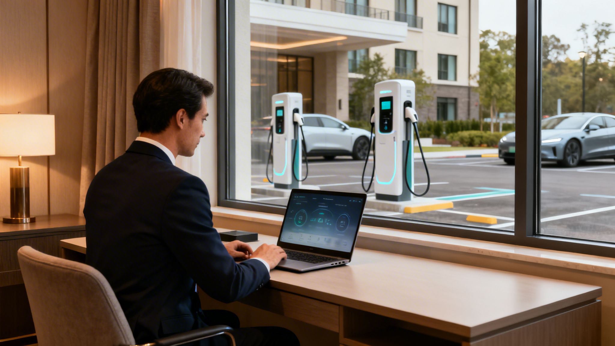 Hombre en traje trabajando en laptop junto a una ventana con estaciones de carga para coches eléctricos.