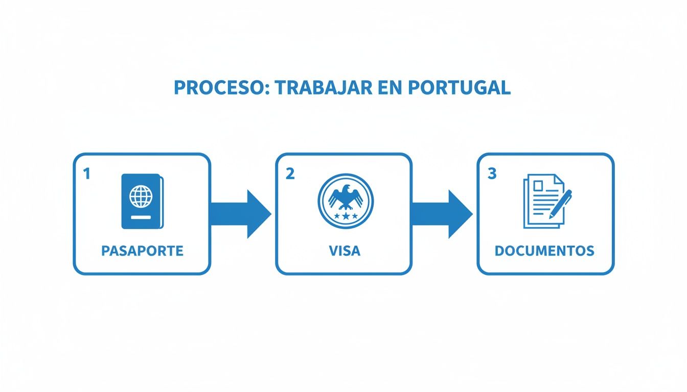 Diagrama de flujo que muestra los pasos clave para obtener empleo en Portugal: pasaporte, visa y documentos.