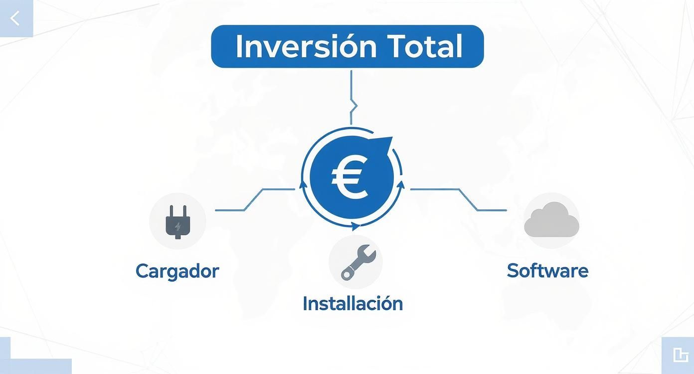 Diagrama de inversión total desglosando costos de cargador, instalación y software para vehículos eléctricos.