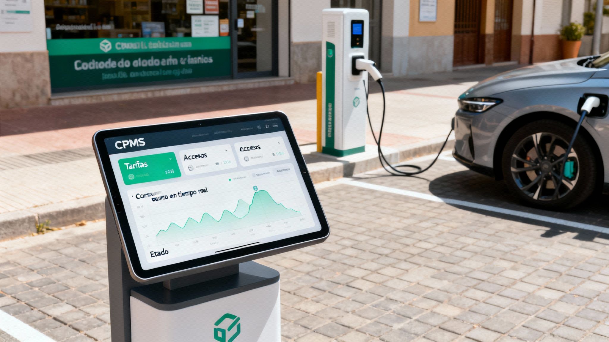 Panel de control de un software de gestión de recarga en un portátil, mostrando estadísticas de uso y energía.