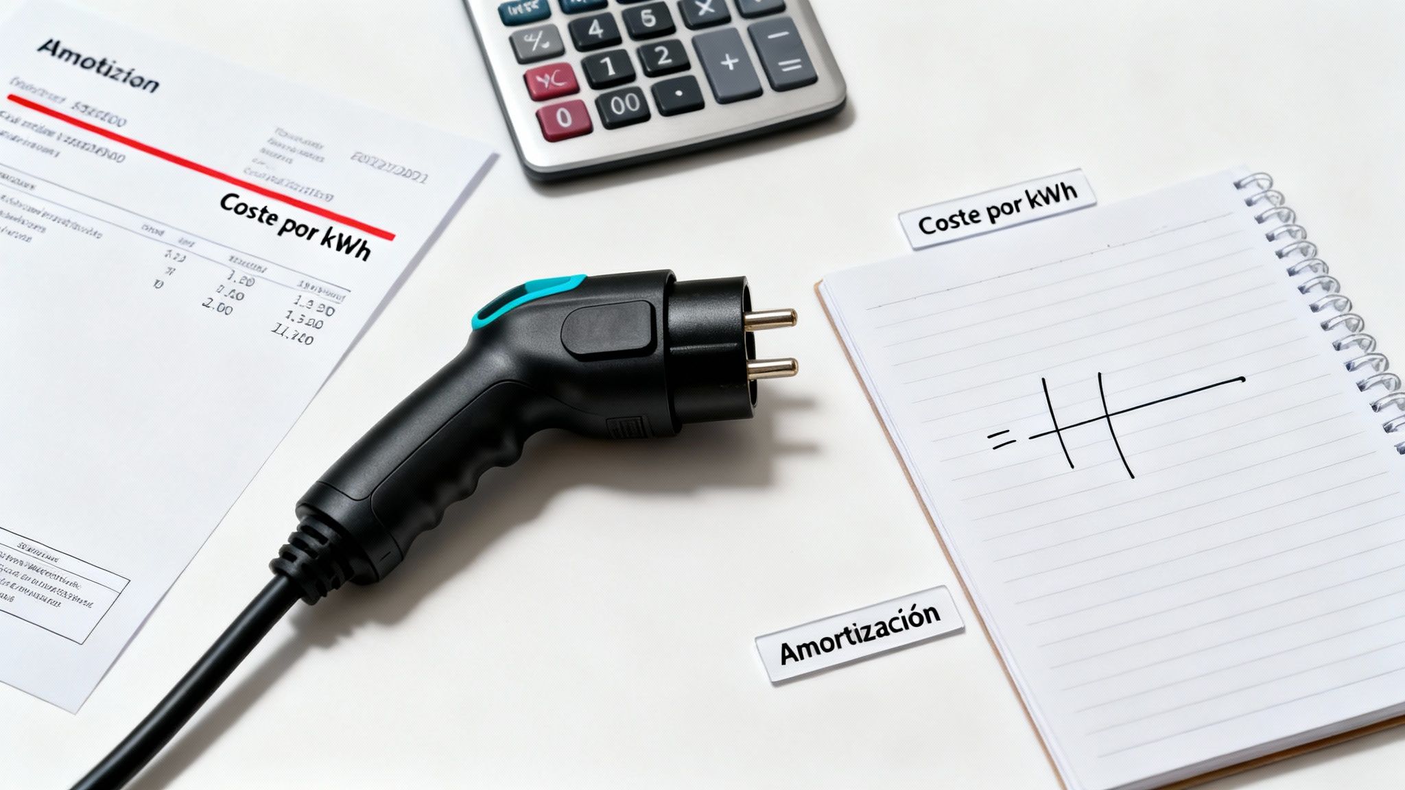 Documentos de amortización y coste por kWh, con un cargador de coche eléctrico y calculadora, sobre mesa blanca.