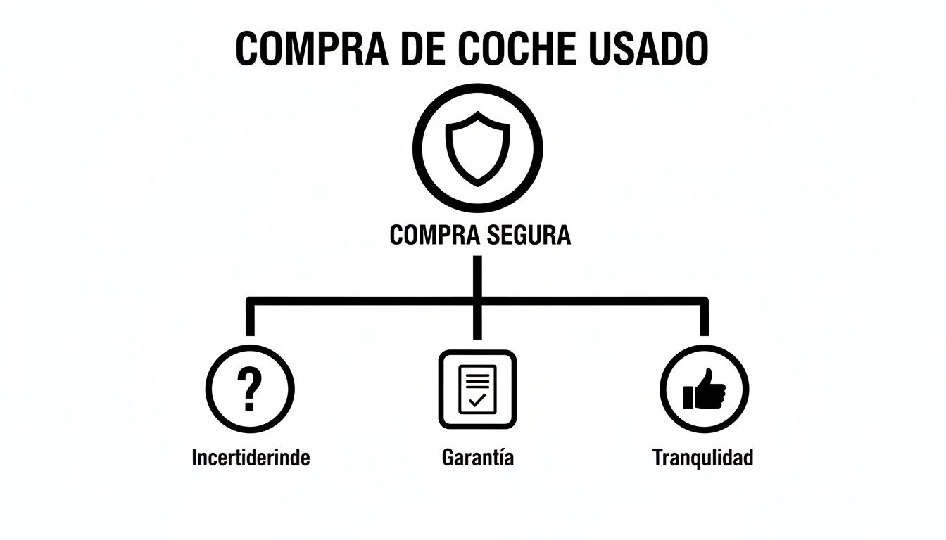 Diagrama de flujo sobre la compra segura de un coche usado, mostrando los beneficios de garantía y tranquilidad.