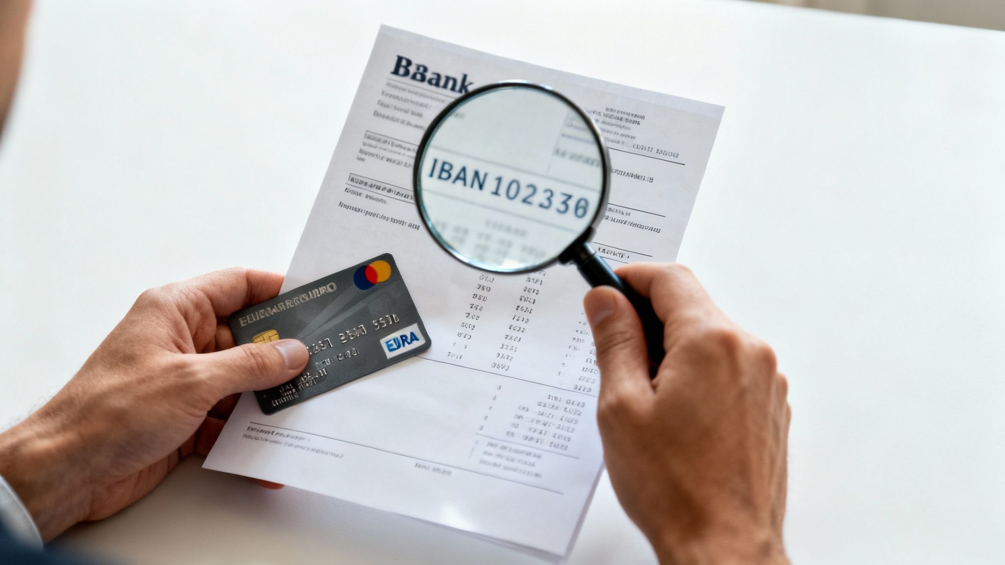 Un hombre usa una lupa para revisar el número IBAN en un documento bancario junto a una tarjeta de crédito.